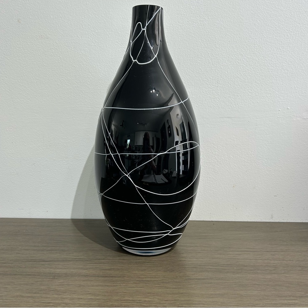 Polish Blown Glass Black Vase 16” White String Accent